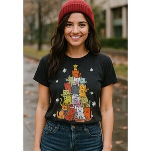 Womens Black Cat Christmas Tree T Shirt Cute Holiday Graphic Tee M.    Mm
